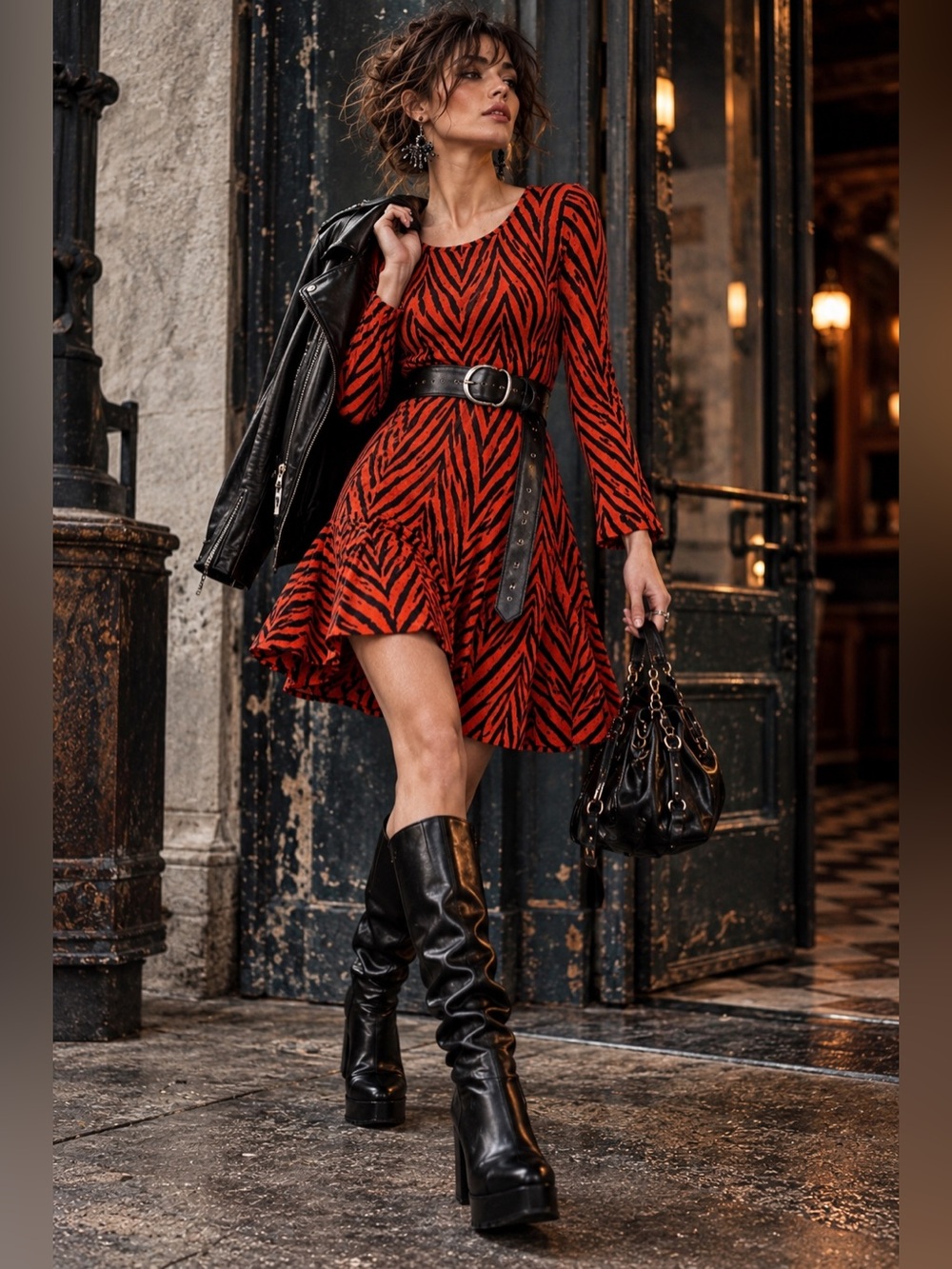Aryeh Zebra Animal Print Knit Fit Flare Sweater Dress Orange Black NWT